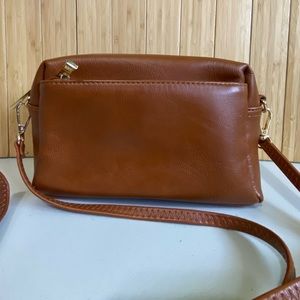Faux Leather Triple Zip Small Crossbody Bag Purse Brown